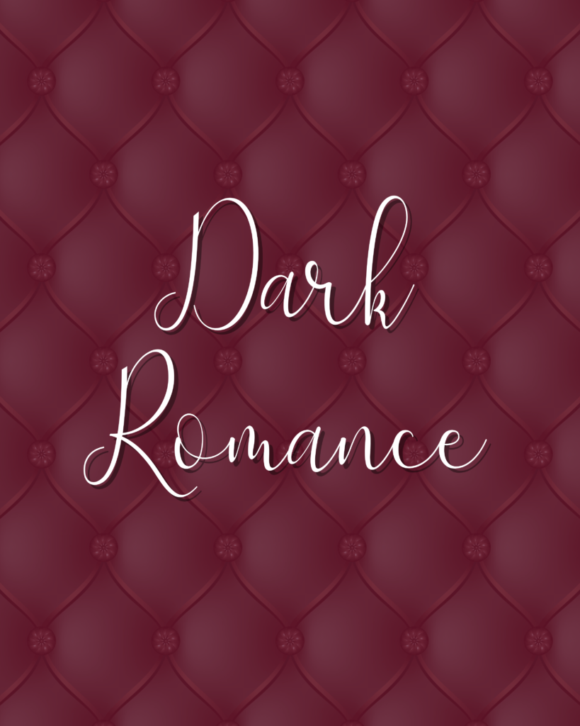 Bild mit dunkelrotem Polstermuster im Hintergrund, in weißer Schrift Dark Romance im Vordergrund