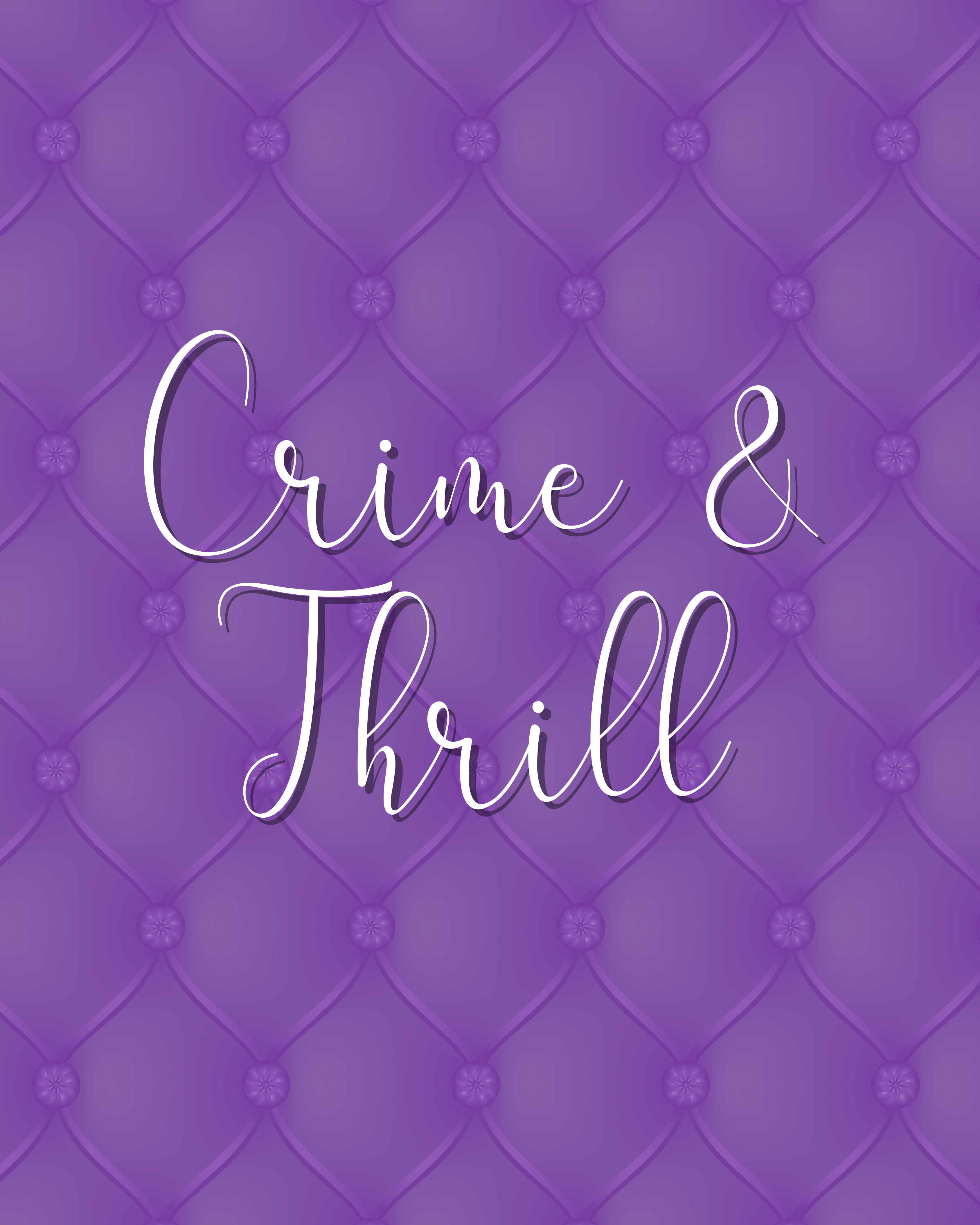Bild mit lila Polstermuster im Hintergrund, in weißer Schrift Crime & Thrill im Vordergrund