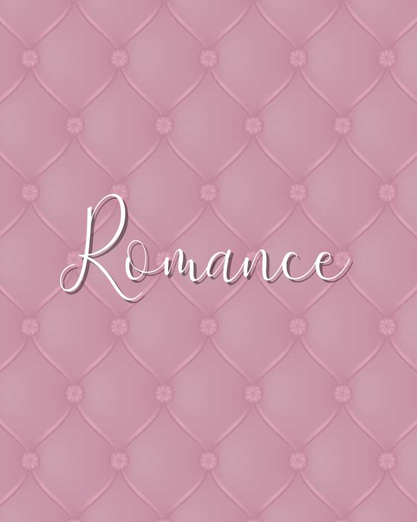 Bild mit rosa Polstermuster im Hintergrund, in weißer Schrift Romance im Vordergrund