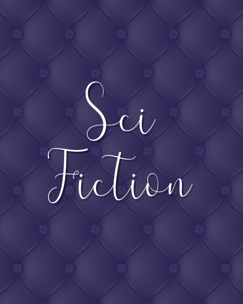 Bild mit dunkelblauem Polstermuster im Hintergrund, in weißer Schrift Sci Fiction im Vordergrund